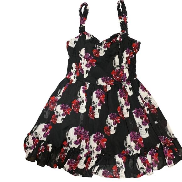 WhimsyGoth Dress Royal Bones by Daang Skull Print Sz Medium Black Chiffon - Picture 3 of 16